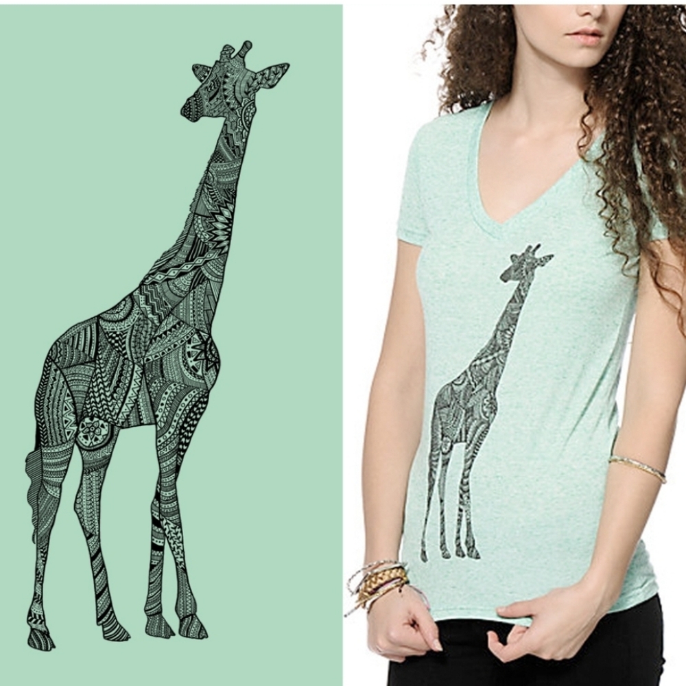 Green V-Neck T-Shirt with Giraffe Print